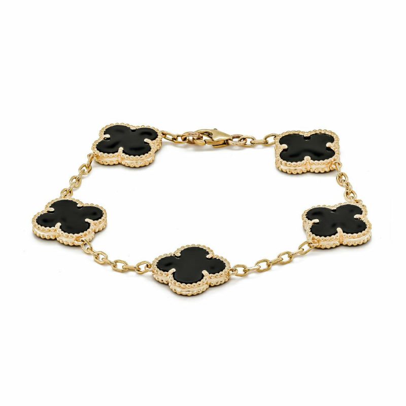 Bracelets & Bangles |   9Ct Yellow Gold Onyx Four Leaf Clover Bracelet Bracelets & Bangles Bracelets & Bangles