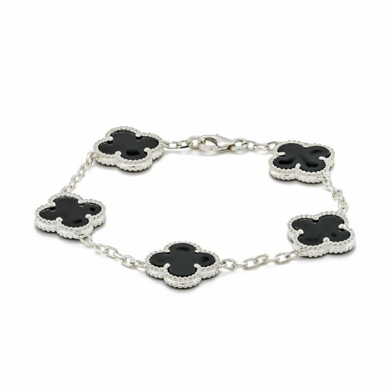 Bracelets & Bangles |   Silver Black Onyx Four Leaf Clover Bracelet Bracelets & Bangles Bracelets & Bangles