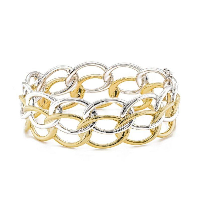 Bracelets & Bangles |   Silver & Yellow Gold Plated Double Oval Loop Row Bangle Bracelets & Bangles Bracelets & Bangles