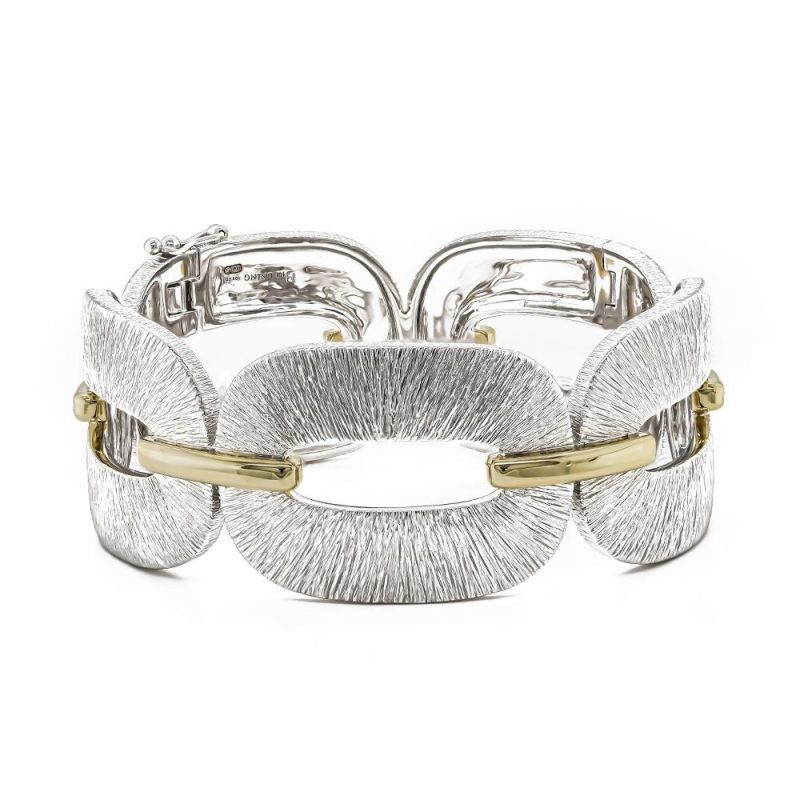 Bracelets & Bangles |   Silver & Yellow Gold Plated Lined Oval Large Link & Polished Bar Bangle Bracelets & Bangles Bracelets & Bangles