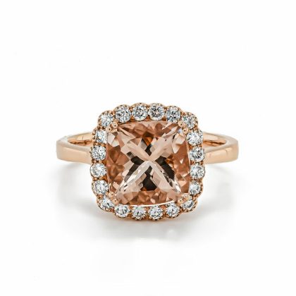 Dress Rings |   18Ct Rose Gold Cushion Morganite And Diamond Halo Surround Dress Ring Dress Rings Dress Rings