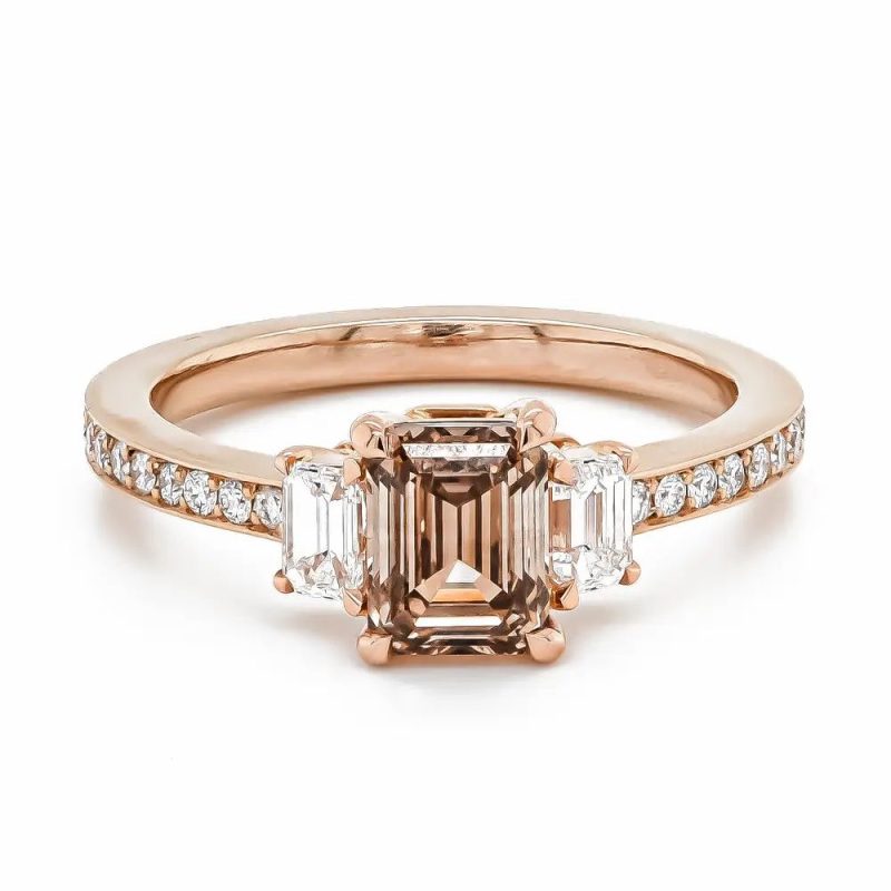 Dress Rings |   18Ct Rose Gold Emerald Cut Fancy Brown Diamond With Diamond Shoulders Ring Jewellery Dress Rings