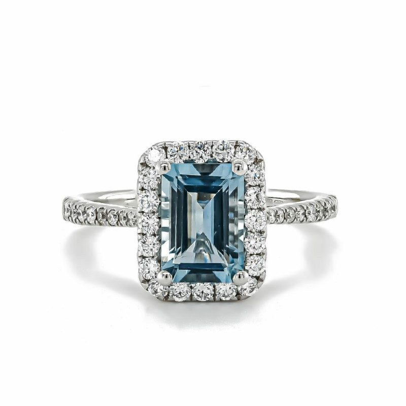 Dress Rings |   18Ct White Gold 1.84Cts Octagonal Aquamarine And Diamond .48Cts Cluster Ring Dress Rings Dress Rings