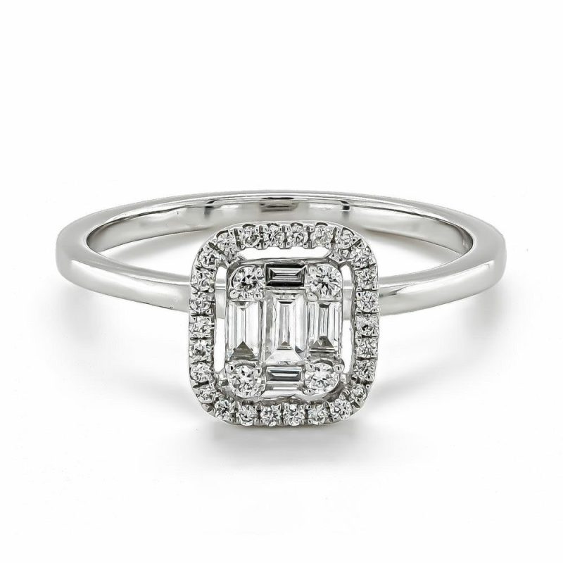 Dress Rings |   18Ct White Gold Baguette And Brilliant Cut Diamond Cluster Ring .37Cts Dress Rings Dress Rings