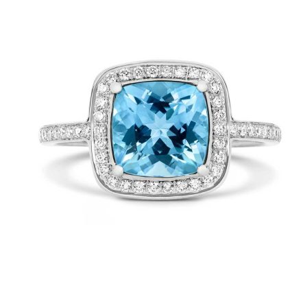 Dress Rings |   18Ct White Gold Cushion Aquamarine And Diamond Cluster Ring Dress Rings Dress Rings