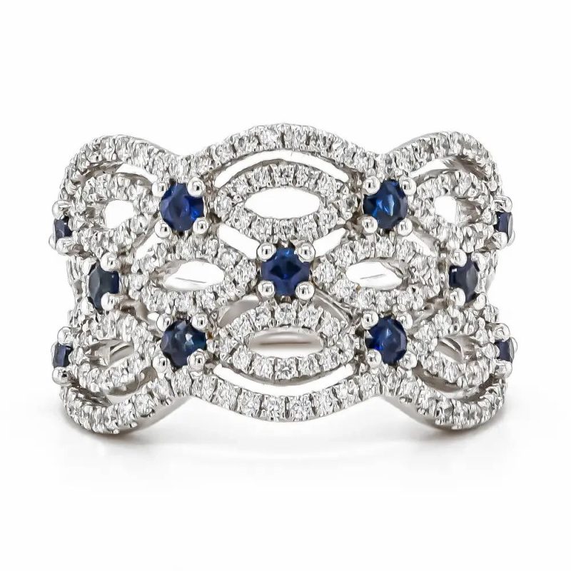 Dress Rings |   18Ct White Gold Diamond & Sapphire Wide Dress Ring Dress Rings Dress Rings