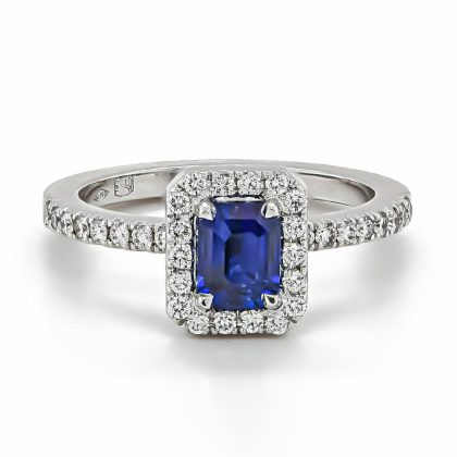 Dress Rings |   18Ct White Gold Emerald Cut Sapphire With Diamond Surround And Diamond Shoulders Ring Dress Rings Dress Rings