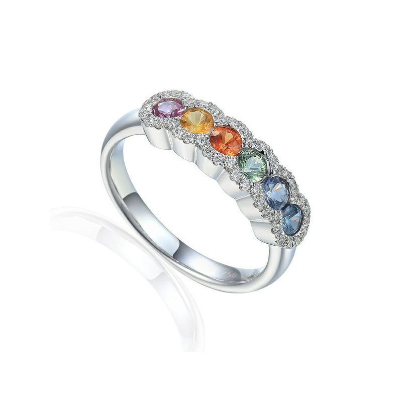 Dress Rings |   18Ct White Gold Fancy Coloured Sapphire And Diamond Cluster Edged Band Dress Rings Dress Rings