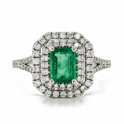 Dress Rings |   18Ct White Gold Octagonal Emerald And Double Halo Diamond Cluster Ring Dress Rings Dress Rings