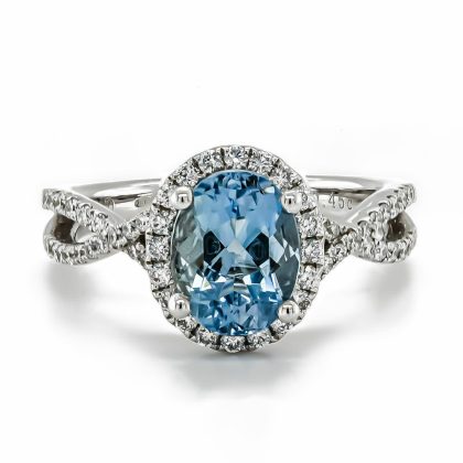 Dress Rings |   18Ct White Gold Oval Aquamarine With Diamond Surround And Diamond Twist Shoulders Ring Dress Rings Dress Rings