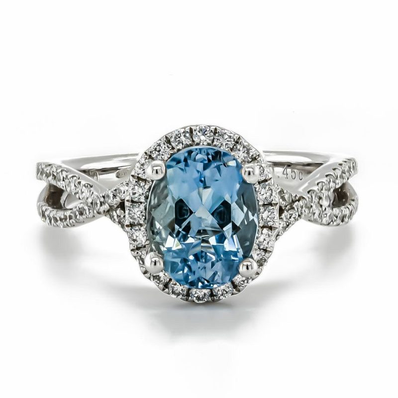 Dress Rings |   18Ct White Gold Oval Aquamarine With Diamond Surround And Diamond Twist Shoulders Ring Dress Rings Dress Rings