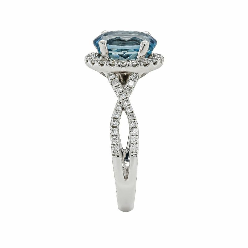 Dress Rings |   18Ct White Gold Oval Aquamarine With Diamond Surround And Diamond Twist Shoulders Ring Dress Rings Dress Rings