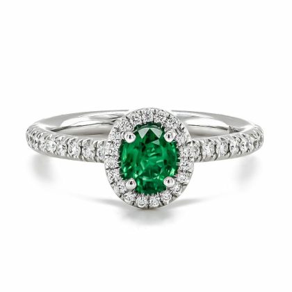 Dress Rings |   18Ct White Gold Oval Emerald And Diamond Cluster With Diamond Shoulders Dress Ring Dress Rings Dress Rings