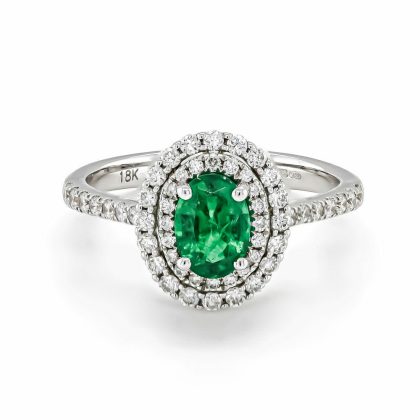 Dress Rings |   18Ct White Gold Oval Emerald And Double Diamond Halo Cluster Ring Dress Rings Dress Rings