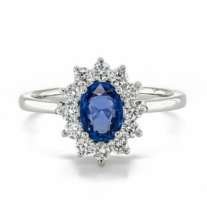 Dress Rings |   18Ct White Gold Oval Sapphire 1.24Cts And Diamond Surround .50Cts Cluster Ring Dress Rings Dress Rings