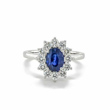 Dress Rings |   18Ct White Gold Oval Sapphire And 12 Round Diamond Cluster Ring Dress Rings Dress Rings