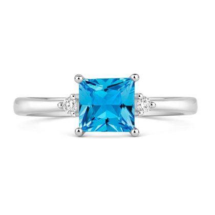 Dress Rings |   18Ct White Gold Princess Cut Blue Topaz And Two Diamond Dress Ring Dress Rings Dress Rings