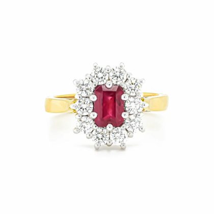 Dress Rings |   18Ct Yellow And White Rectangular Ruby And Diamond Cluster Ring Dress Rings Dress Rings