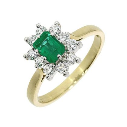 Dress Rings |   18Ct Yellow Gold Emerald Cut Emerald And Diamond Cluster Ring Dress Rings Dress Rings