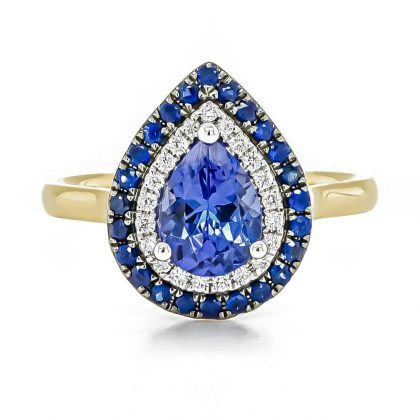 Dress Rings |   18Ct Yellow Gold Pear Shaped Tanzanite, Sapphire And Diamond Cluster Dress Ring Dress Rings Dress Rings