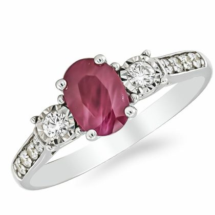 Dress Rings |   9Ct White Gold Ruby And Diamond Three Stone With Diamond Shoulders Dress Rings Dress Rings