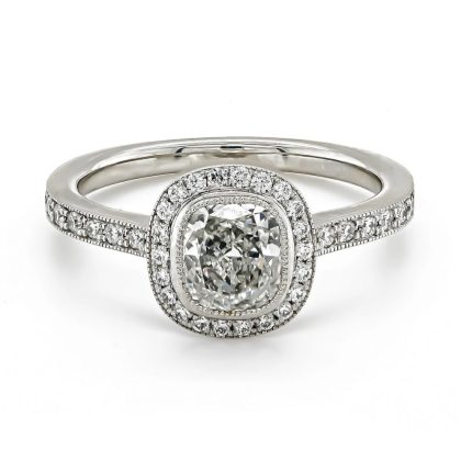 Dress Rings |   Platinum Cushion Centre 1.01Cts With Diamond Halo Surround Ring Total  .35Cts Dress Rings Dress Rings