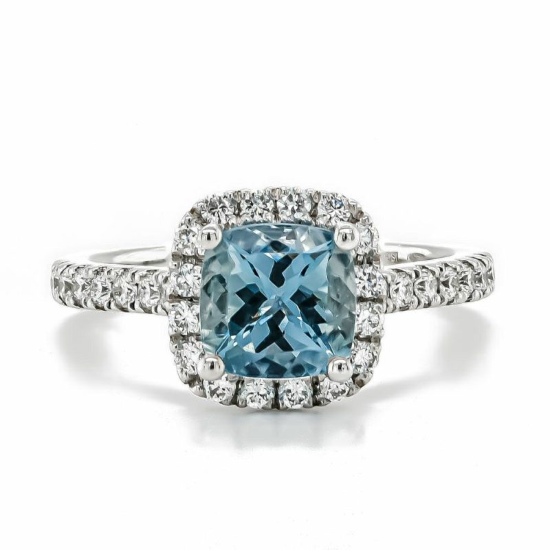 Dress Rings |   Platinum Cushion Shaped Aquamarine And Diamond Cluster Ring Dress Rings Dress Rings