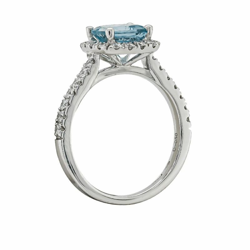 Dress Rings |   Platinum Cushion Shaped Aquamarine And Diamond Cluster Ring Dress Rings Dress Rings