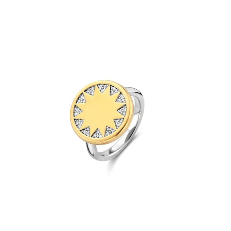 Dress Rings |   Silver & Gold Plate Cz  Round Sun Patterned Ring – 12215Zy/56 Dress Rings Dress Rings