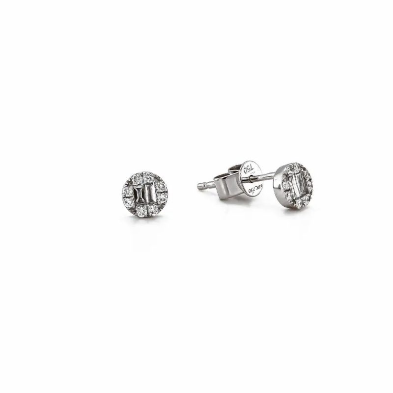 Earrings |   18Ct White Gold Baguette And Brilliant Cluster Stud Earrings .19Cts Earrings Earrings