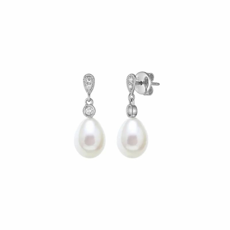 Earrings |   18Ct White Gold Cultured Pearl & Diamond Drop Earrings Earrings Earrings