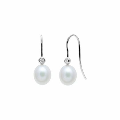 Earrings |   18Ct White Gold Cultured River Pearl & Diamond Drop Hook Earrings Earrings Earrings