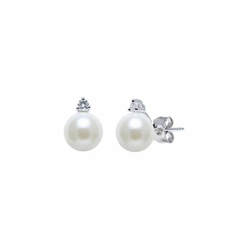 Earrings |   18Ct White Gold Cultured River Pearl & Diamond Stud Earrings Earrings Earrings