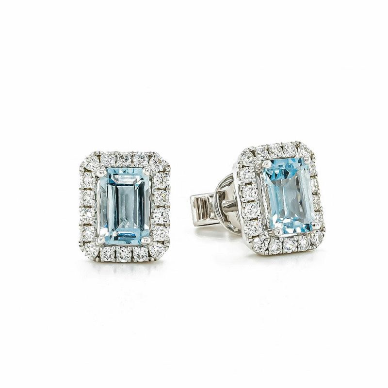 Earrings |   18Ct White Gold Emerald Cut Aquamarine And Diamond Cluster Stud Earrings Earrings Earrings