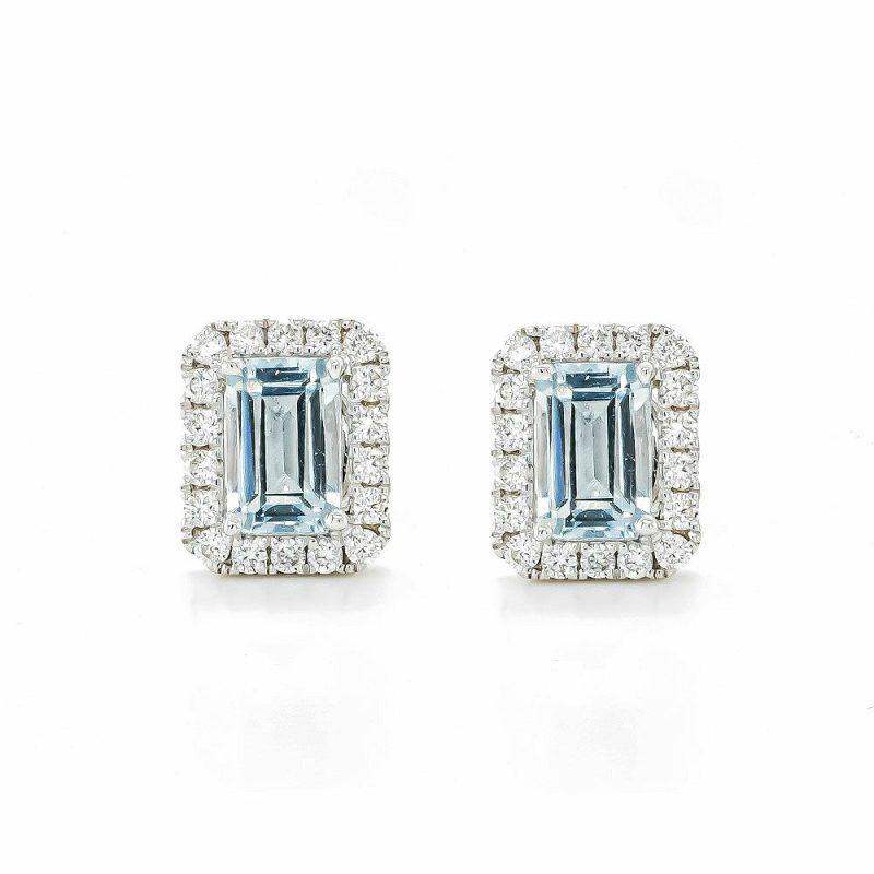 Earrings |   18Ct White Gold Emerald Cut Aquamarine And Diamond Cluster Stud Earrings Earrings Earrings