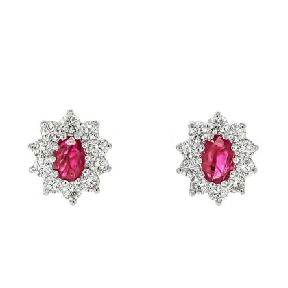 Earrings |   18Ct White Gold Oval Ruby 1.00Cts And Round Diamond Cluster Stud Earrings Earrings Earrings