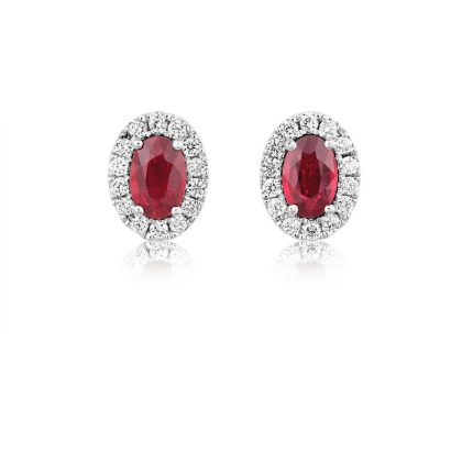 Earrings |   18Ct White Gold Oval Ruby And Diamond Cluster Earrings Earrings Earrings