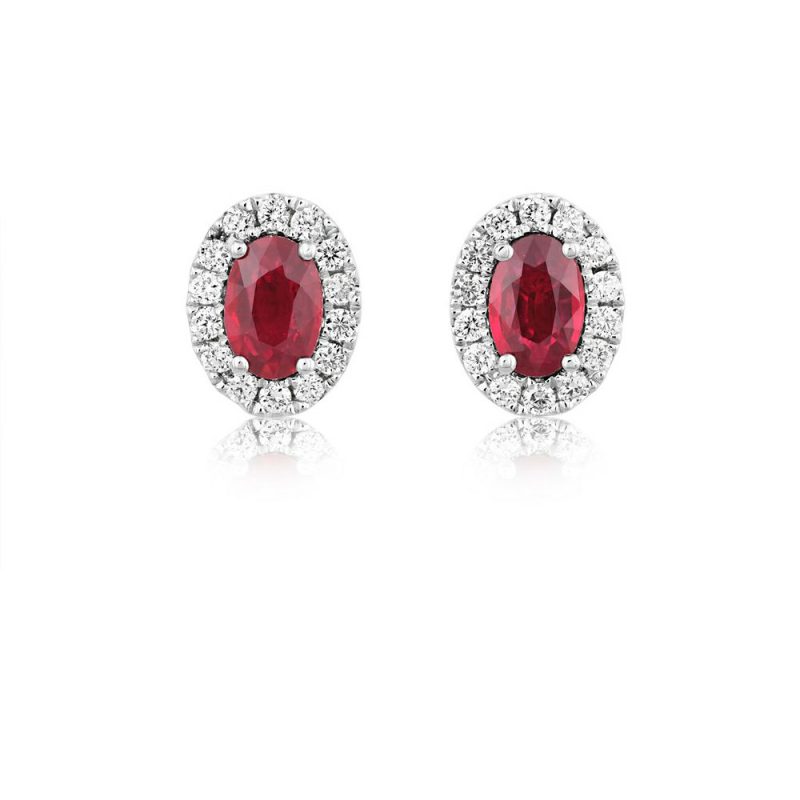 Earrings |   18Ct White Gold Oval Ruby And Diamond Cluster Earrings Earrings Earrings