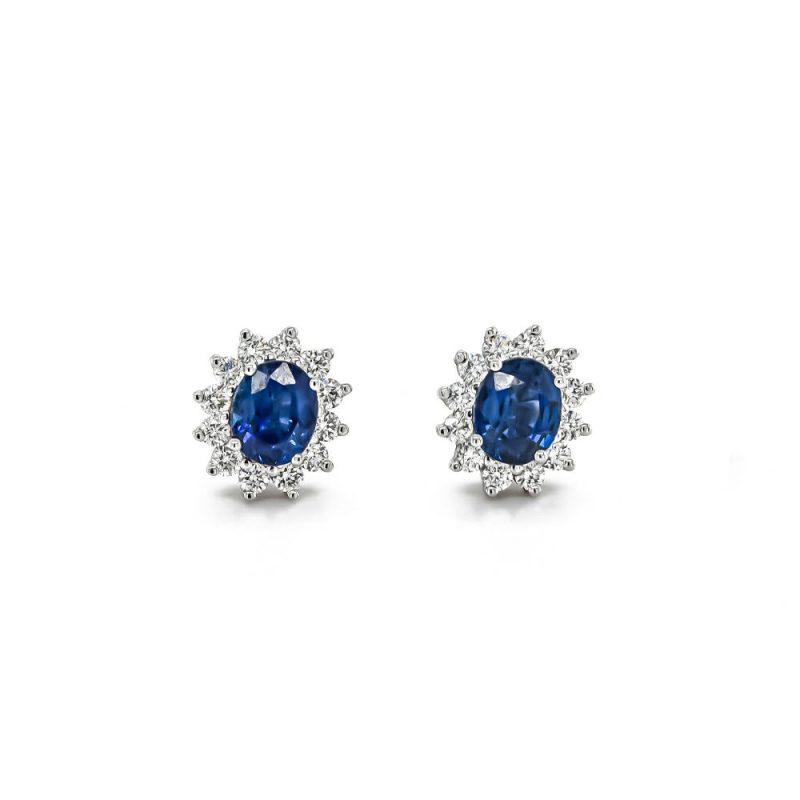 Earrings |   18Ct White Gold Oval Sapphires 1.15Cts And Diamond Cluster Stud Earrings Earrings Earrings