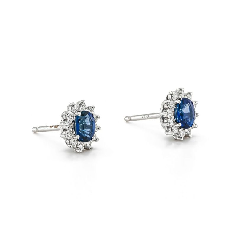 Earrings |   18Ct White Gold Oval Sapphires 1.15Cts And Diamond Cluster Stud Earrings Earrings Earrings