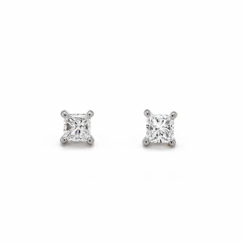 Earrings |   18Ct White Gold Princess Cut 0.51Ct Diamond Claw Set Stud Earrings Earrings Earrings