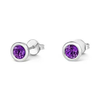 Earrings |   18Ct White Gold Round Amethyst Rub Over Stud Earrings Earrings Earrings