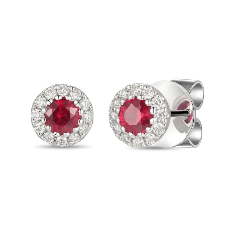 Earrings |   18Ct White Gold Round Ruby And Diamond Cluster Earrings Earrings Earrings