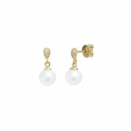 Earrings |   18Ct Yellow Gold Cultured River Pearl & Diamond Drop Earrings 7Mm Earrings Earrings