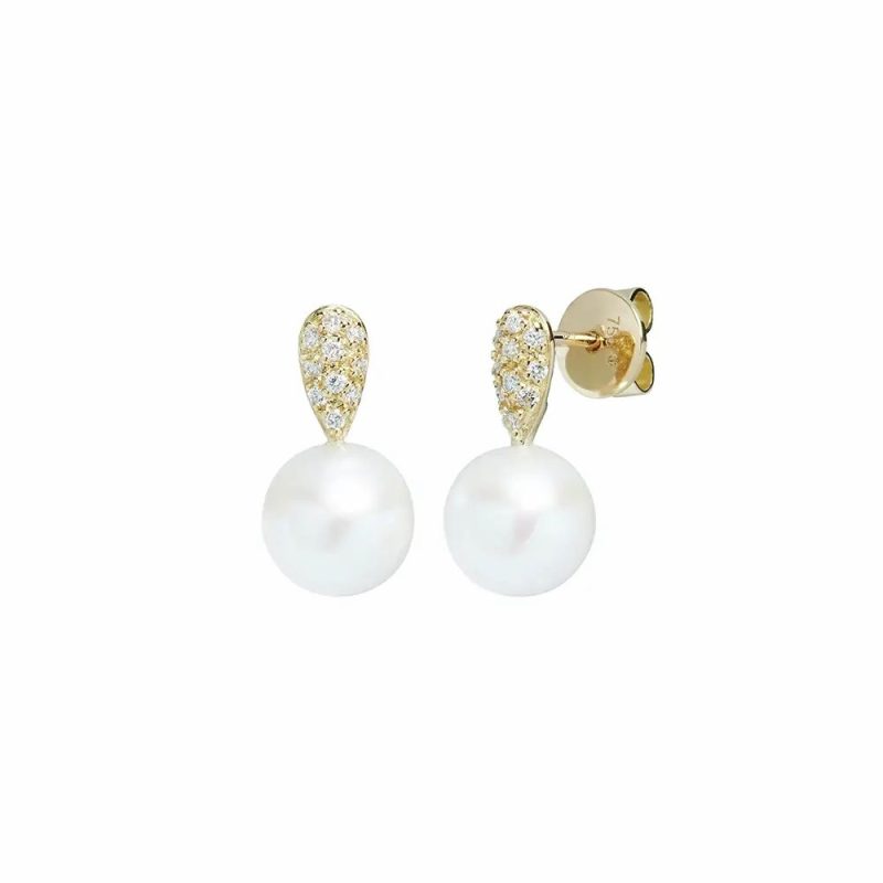 Earrings |   18Ct Yellow Gold Cultured River Pearl & Diamond Drop Stud Earrings Earrings Earrings