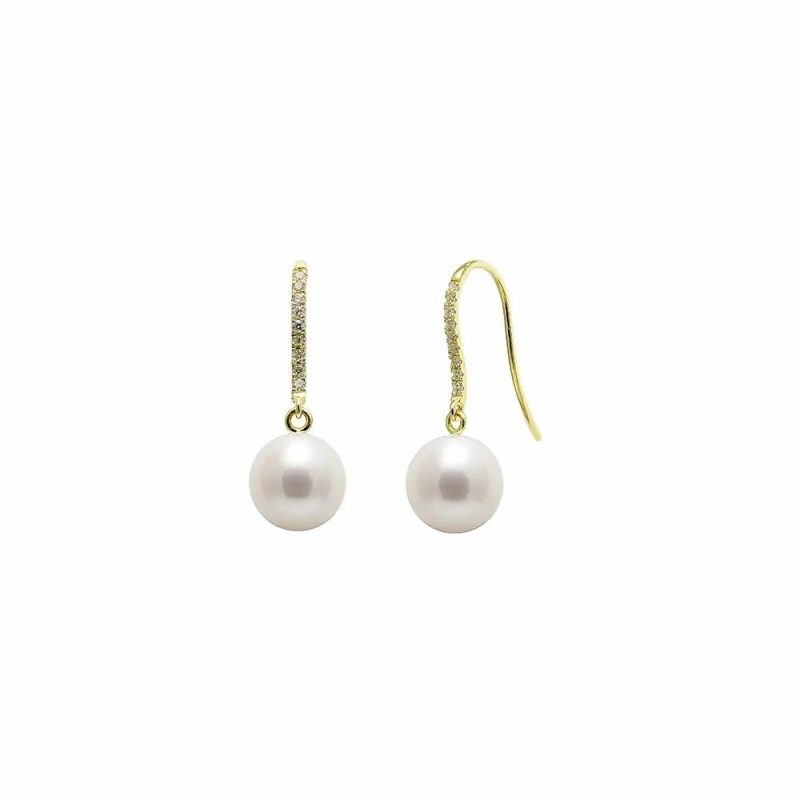 Earrings |   18Ct Yellow Gold Cultured River Pearl & Diamond Hook Earring Earrings Earrings