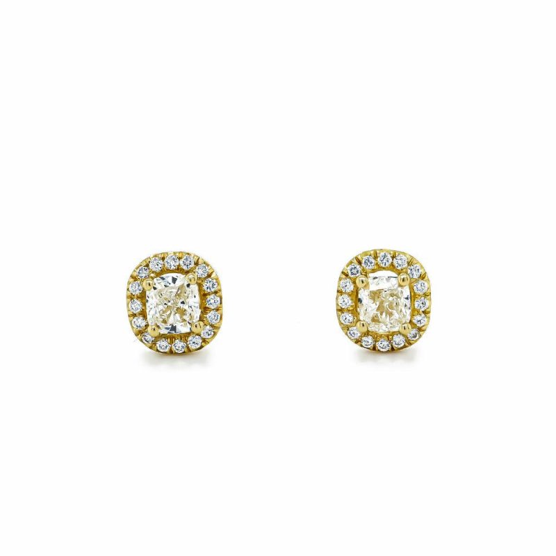 Earrings |   18Ct Yellow Gold Cushioned And Brilliant Cut Diamond Stud Earrings Earrings Earrings