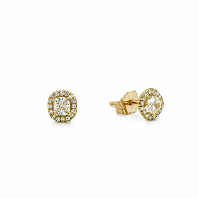 Earrings |   18Ct Yellow Gold Cushioned And Brilliant Cut Diamond Stud Earrings Earrings Earrings