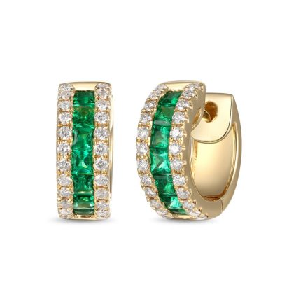 Earrings |   18Ct Yellow Gold Princess Cut Emerald And Brilliant Diamond Hoops Earrings Earrings