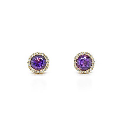 Earrings |   18Ct Yellow Gold Round Diamond & Amethyst Cluster Stud Earrings Earrings Earrings